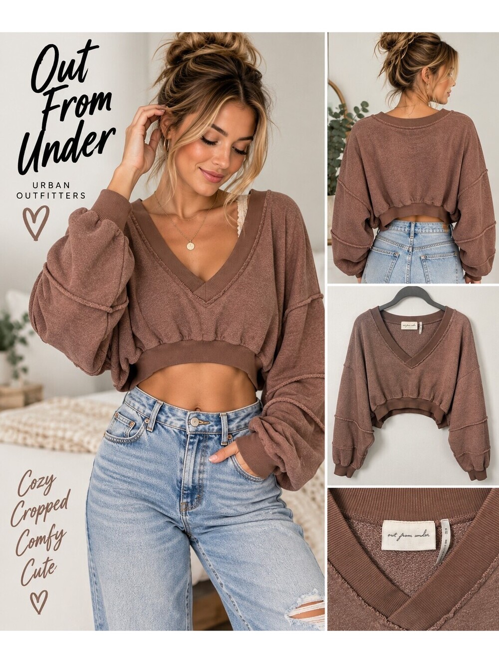 Out From Under Ultra Cropped V Neck Sweatshirt size M Oversized Balloon Sleeve